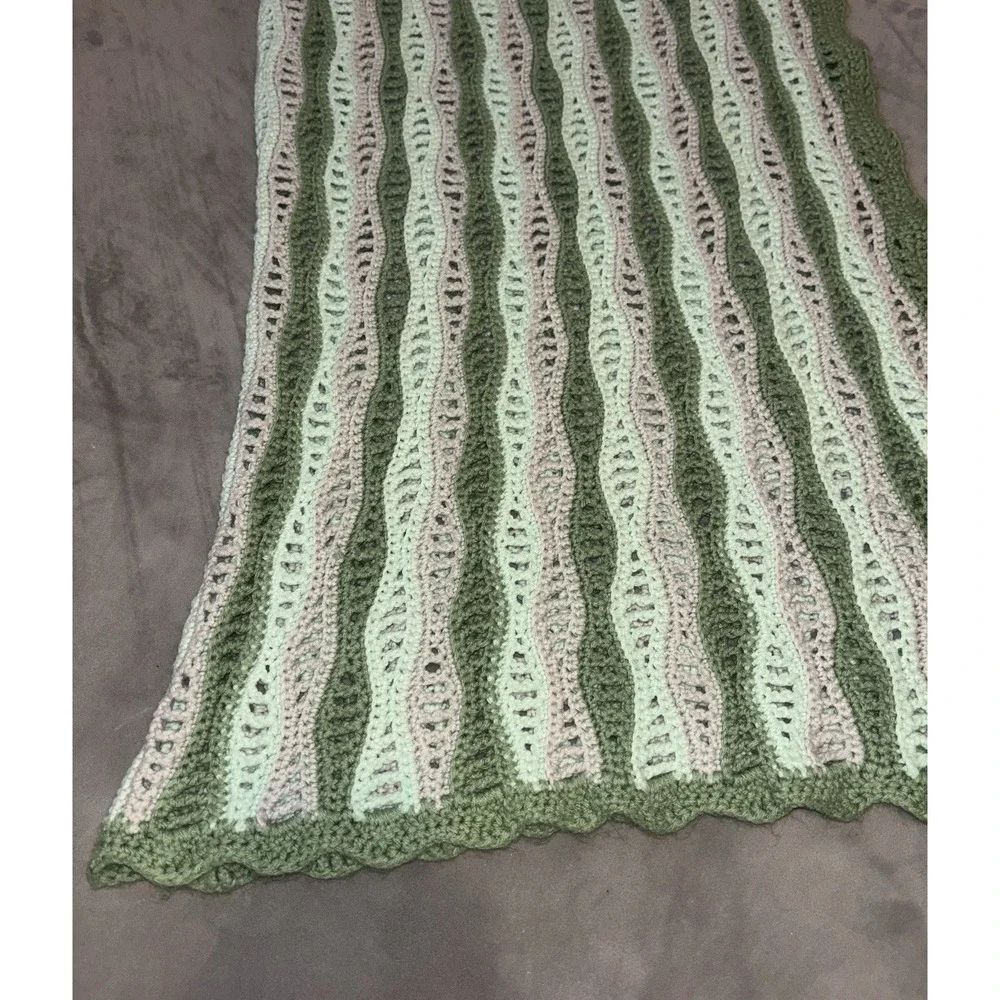 Vintage Afghan Baby Throw Crochet Stripes Green Lavender Wavy Scalloped Trim